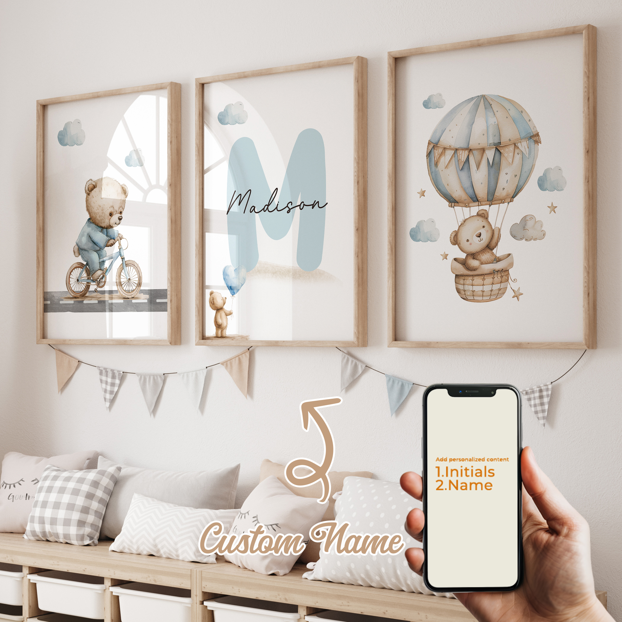 Sustainable Living Products - 3pcs Personalized Name Blue Bear Wall