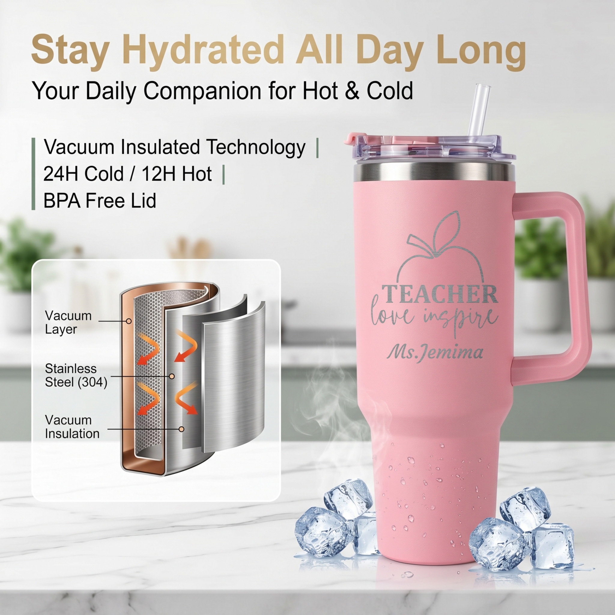 1L Teacher personalized text b - Stainless Steel Straw ulasan dan harga